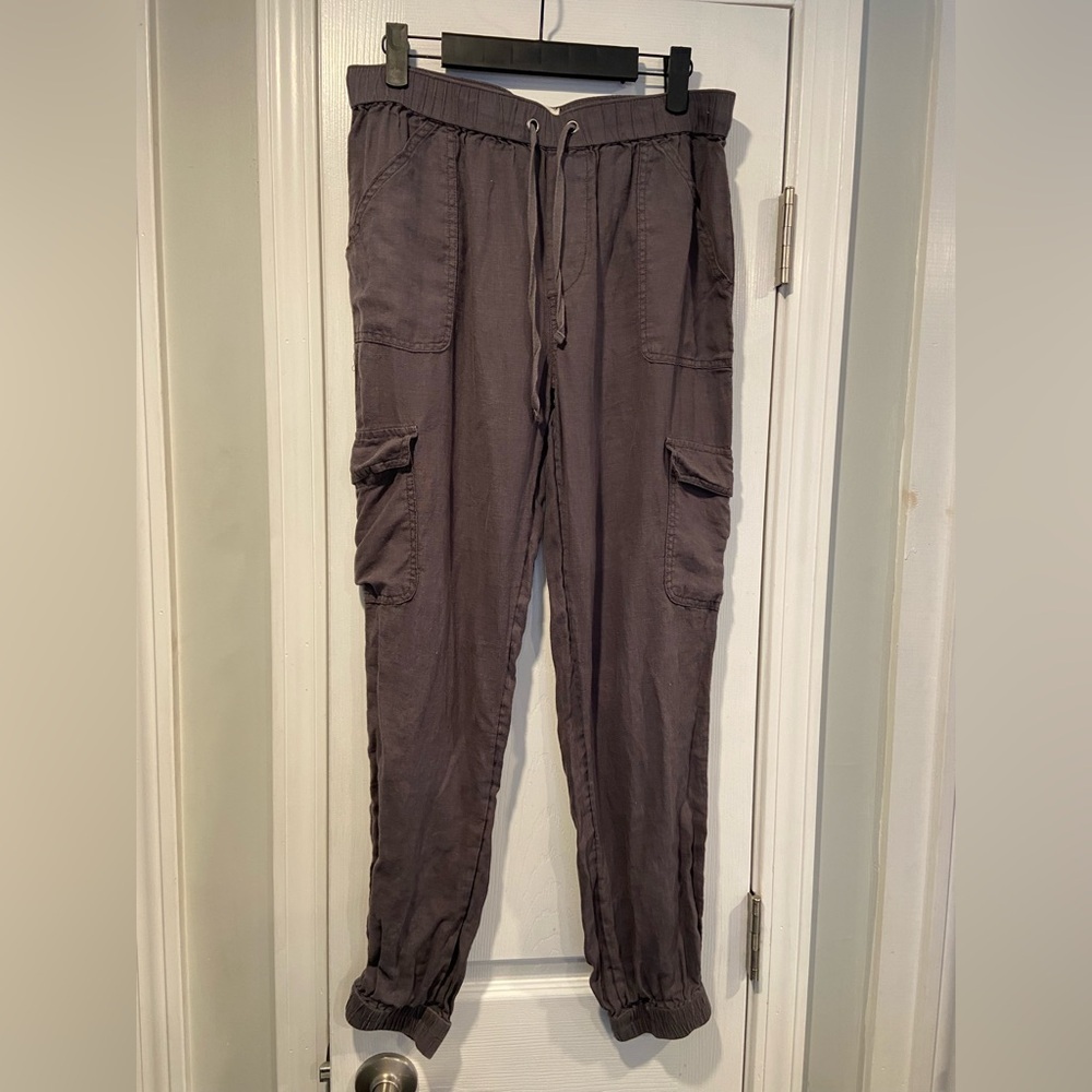 Nicole Miller Size M 100% Linen Gray Pull On Cargo Joggers Pants